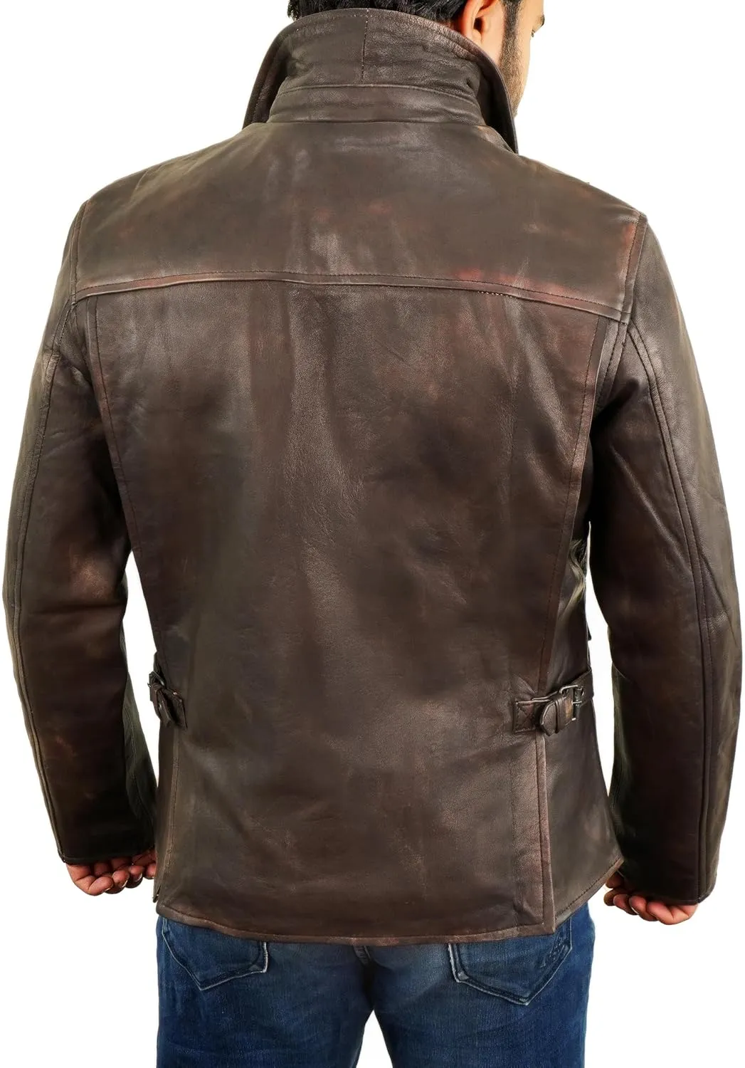 Brown Leather Jacket Men - Vintage Collar Distressed Style Mens Leather Motorcycle Jacket