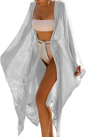 Bsubseach Women Sparkly Kimono Swimsuit Cover Up Open Front Sheer Loose Long Cardigan Beach Cover Ups