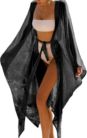 Bsubseach Women Sparkly Kimono Swimsuit Cover Up Open Front Sheer Loose Long Cardigan Beach Cover Ups