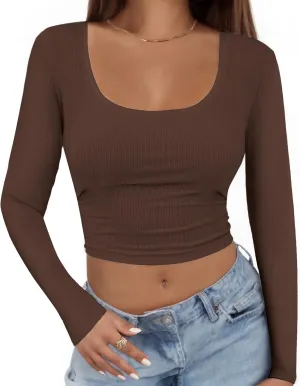 Buauty Women's Long Sleeve Square Neck Crop Tops, Ribbed Knit Slim Fitted Casual Basic Y2K Crop Top Tee Blouse Retro