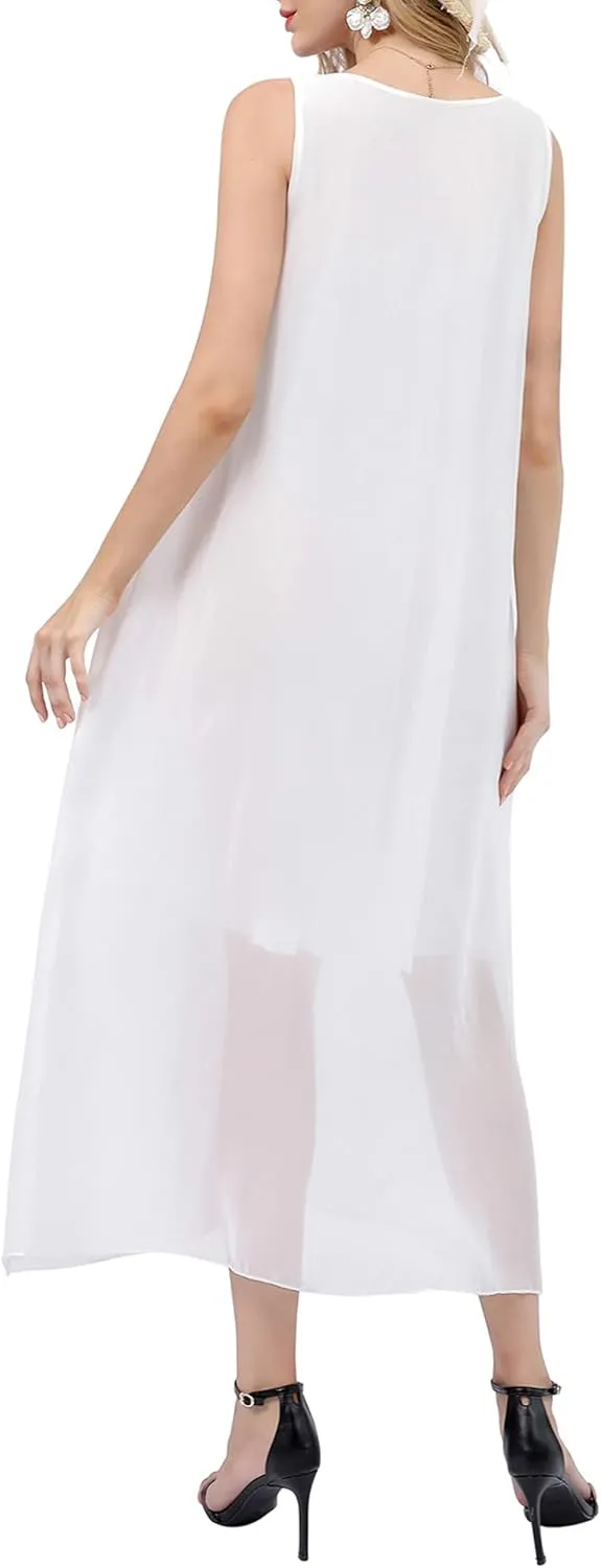 Bulotus Womens Sleeveless Loose Plain Midi Dress Summer Chiffon Flowy Swing Dresses