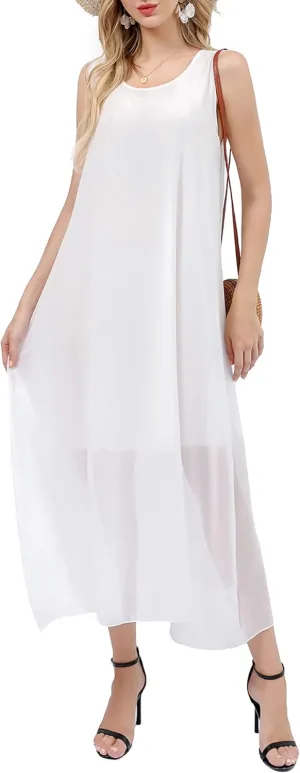Bulotus Womens Sleeveless Loose Plain Midi Dress Summer Chiffon Flowy Swing Dresses