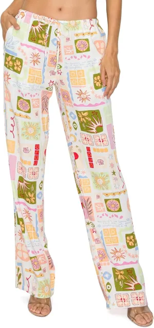 Cali1850 Women's Printed Linen Pants - 30" Inseam Drawstring Elastic Waist Casual Pull On Beach Lounge Trousers with Pockets