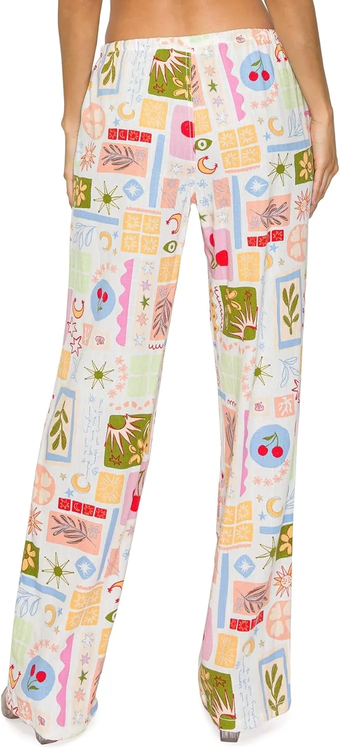 Cali1850 Women's Printed Linen Pants - 30" Inseam Drawstring Elastic Waist Casual Pull On Beach Lounge Trousers with Pockets