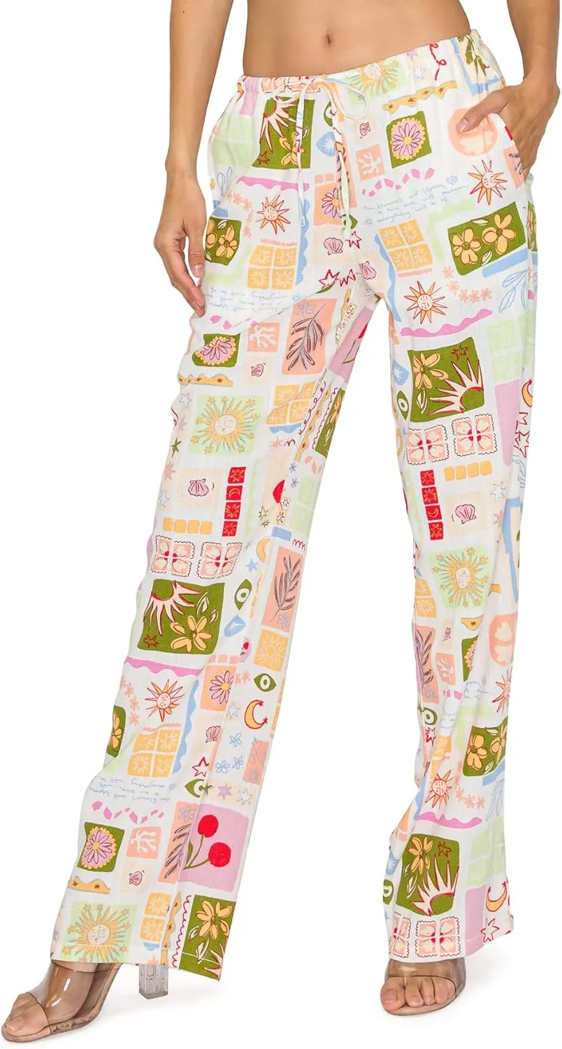 Cali1850 Women's Printed Linen Pants - 30" Inseam Drawstring Elastic Waist Casual Pull On Beach Lounge Trousers with Pockets