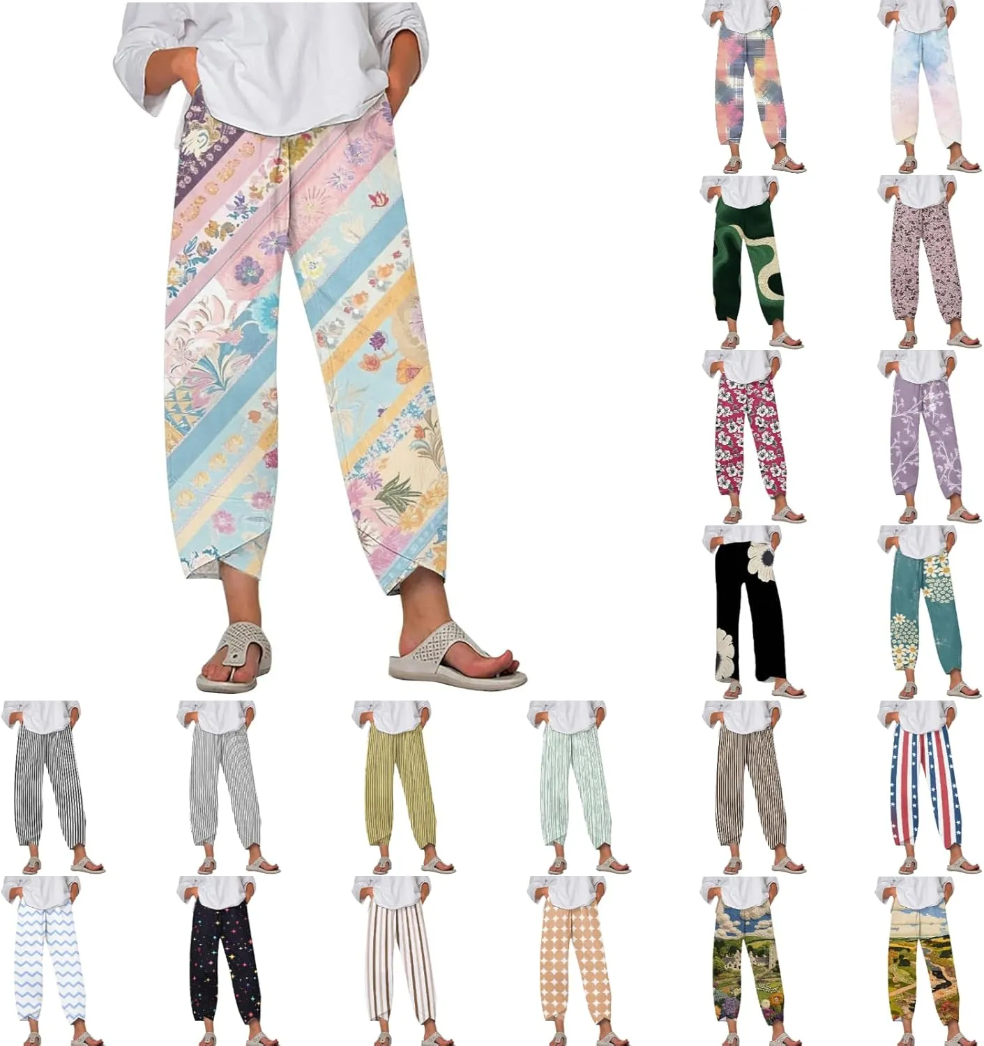 Capri Linen Pants for Women Summer Casual Wide Leg Pants Loose Fit Palazzo Trousers Elastic Waist Cropped Trousers