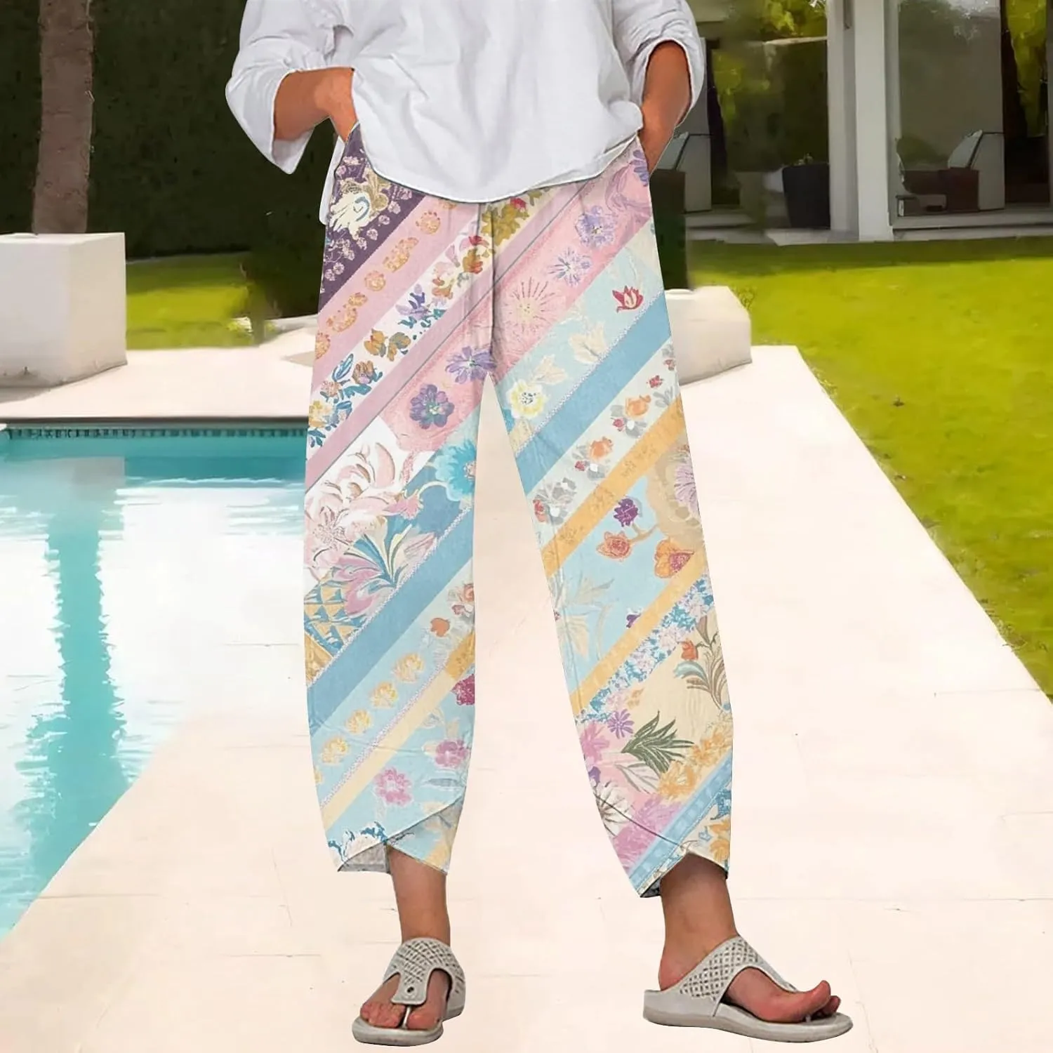 Capri Linen Pants for Women Summer Casual Wide Leg Pants Loose Fit Palazzo Trousers Elastic Waist Cropped Trousers