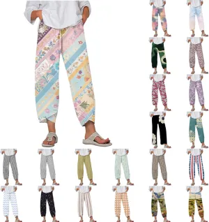 Capri Linen Pants for Women Summer Casual Wide Leg Pants Loose Fit Palazzo Trousers Elastic Waist Cropped Trousers