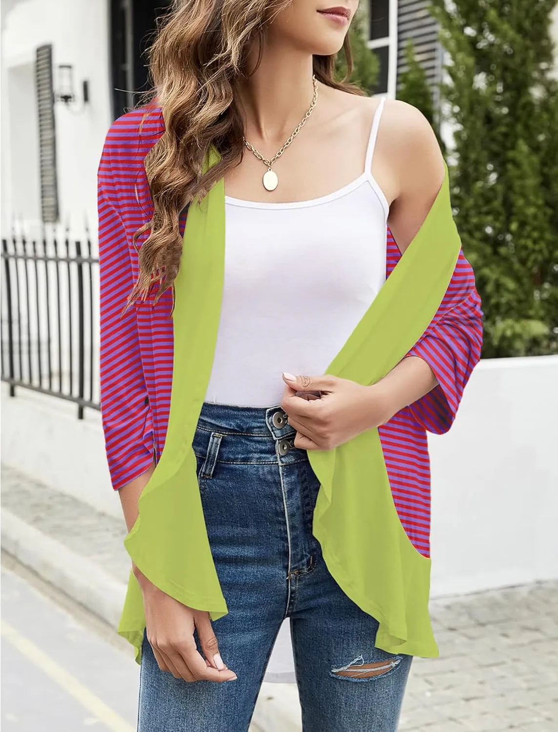 Cardigans for Women Trendy 3/4 Sleeves Lightweight Summer Flower Ruffles Striped Color Block Cardigan