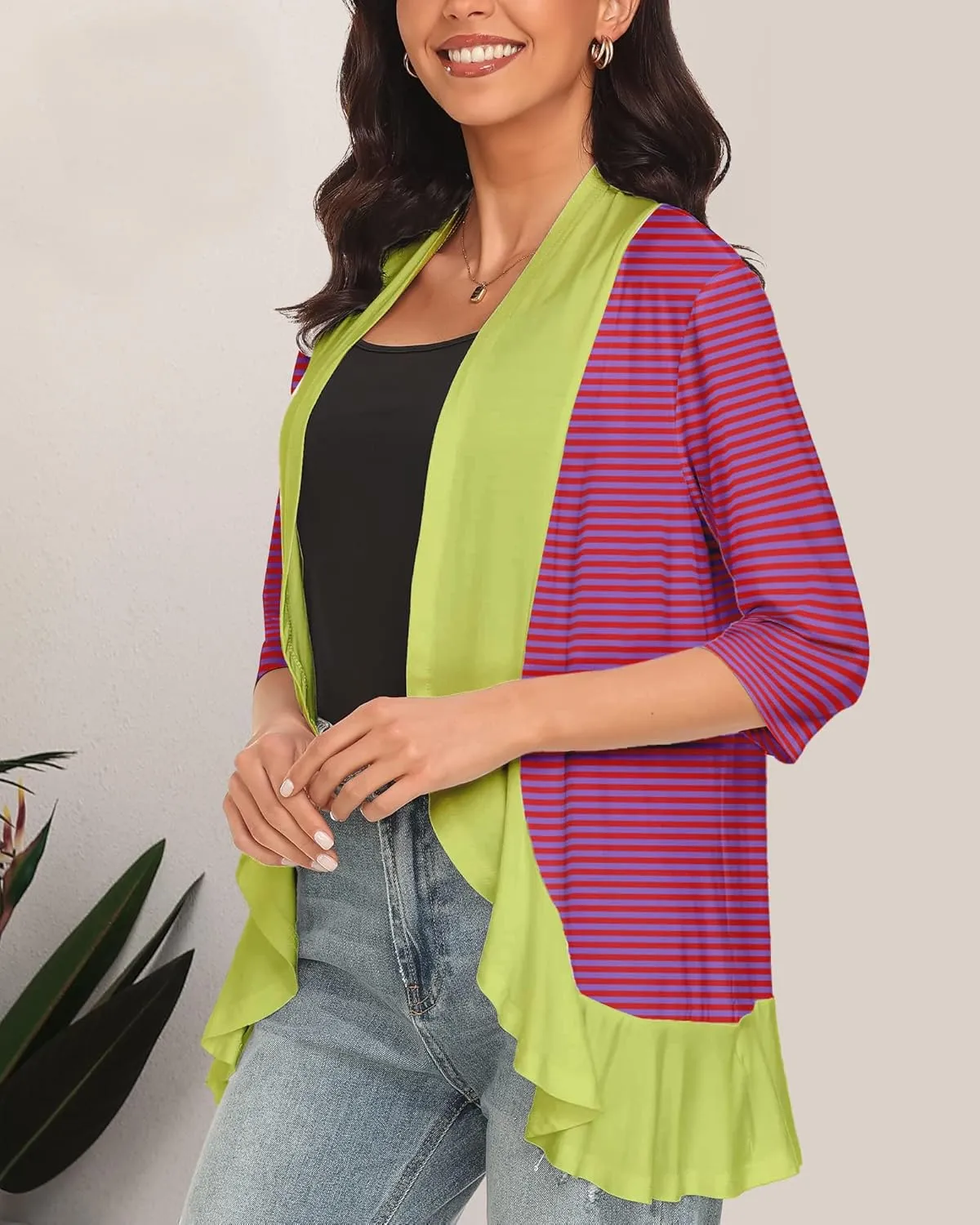 Cardigans for Women Trendy 3/4 Sleeves Lightweight Summer Flower Ruffles Striped Color Block Cardigan