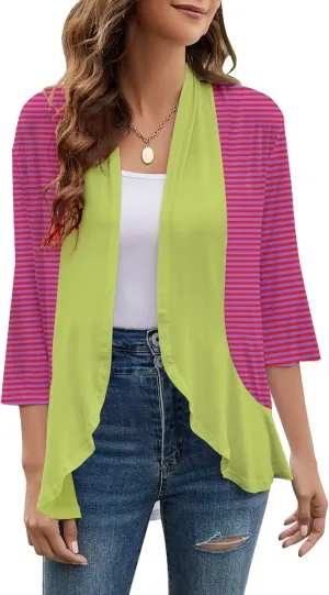 Cardigans for Women Trendy 3/4 Sleeves Lightweight Summer Flower Ruffles Striped Color Block Cardigan