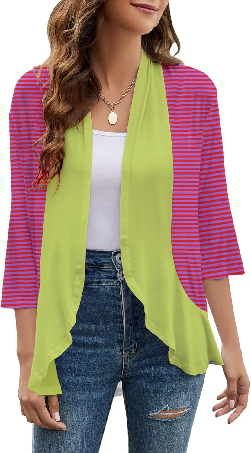 Cardigans for Women Trendy 3/4 Sleeves Lightweight Summer Flower Ruffles Striped Color Block Cardigan