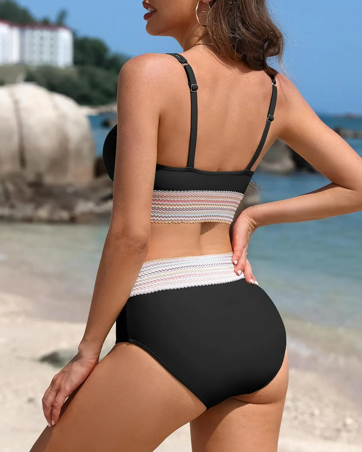 Charmo Women's Scalloped High Waisted Color Block Bikini Sets High Cut Swimsuits Sporty Two Piece Bathing Suit