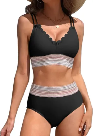 Charmo Women's Scalloped High Waisted Color Block Bikini Sets High Cut Swimsuits Sporty Two Piece Bathing Suit
