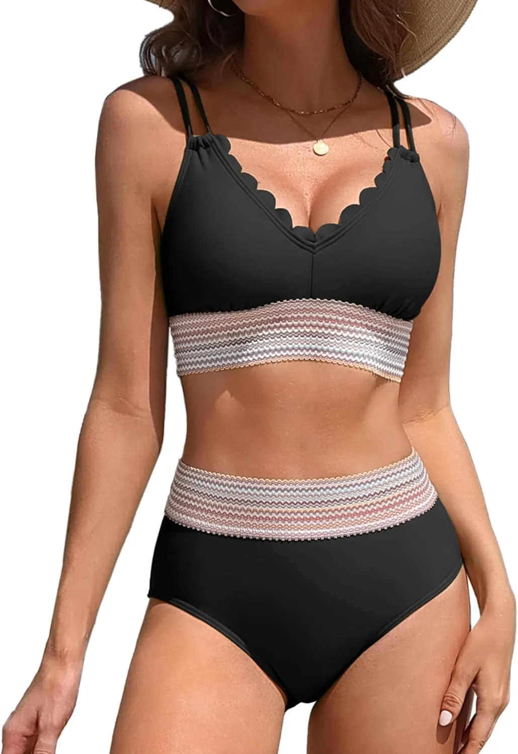 Charmo Women's Scalloped High Waisted Color Block Bikini Sets High Cut Swimsuits Sporty Two Piece Bathing Suit
