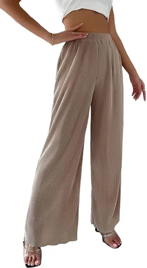 CHARTOU Women's Comfy High Waist Wide-Leg Ruched Plisse Pants Long Lounge Trousers