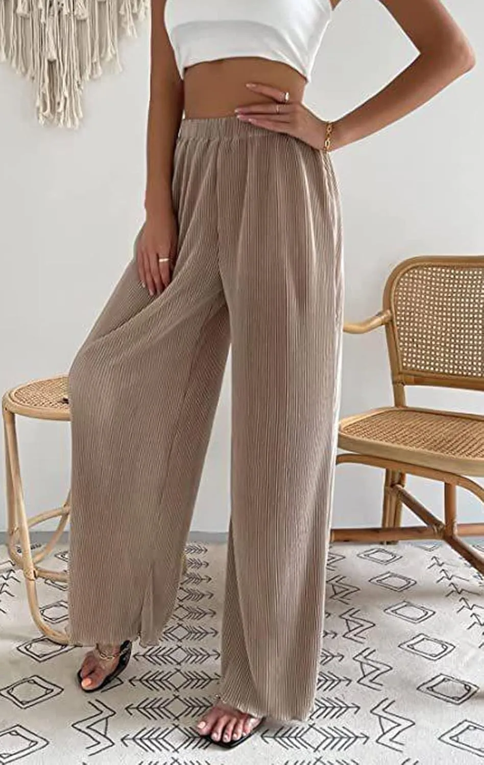 CHARTOU Women's Comfy High Waist Wide-Leg Ruched Plisse Pants Long Lounge Trousers