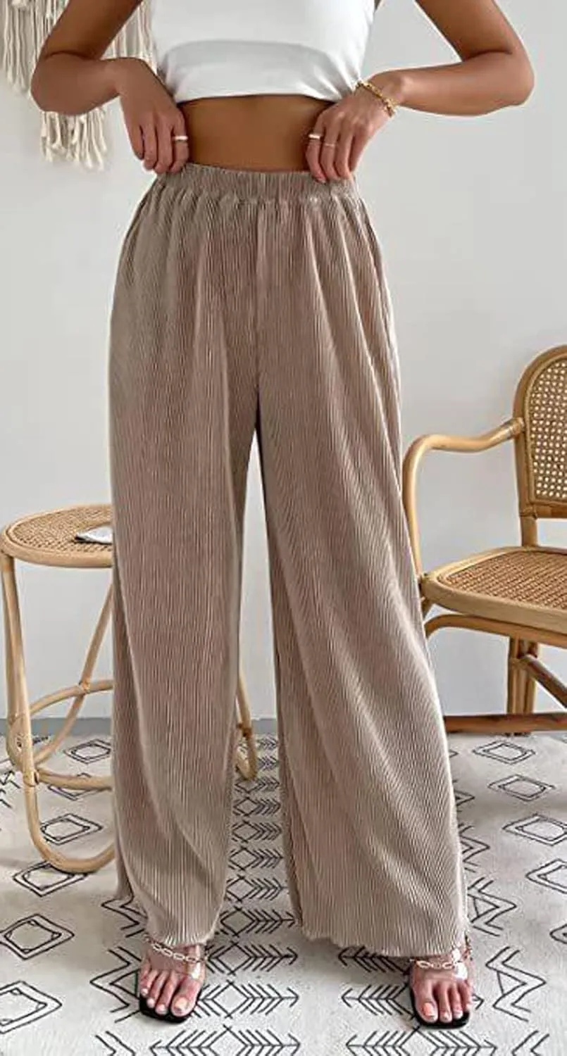 CHARTOU Women's Comfy High Waist Wide-Leg Ruched Plisse Pants Long Lounge Trousers