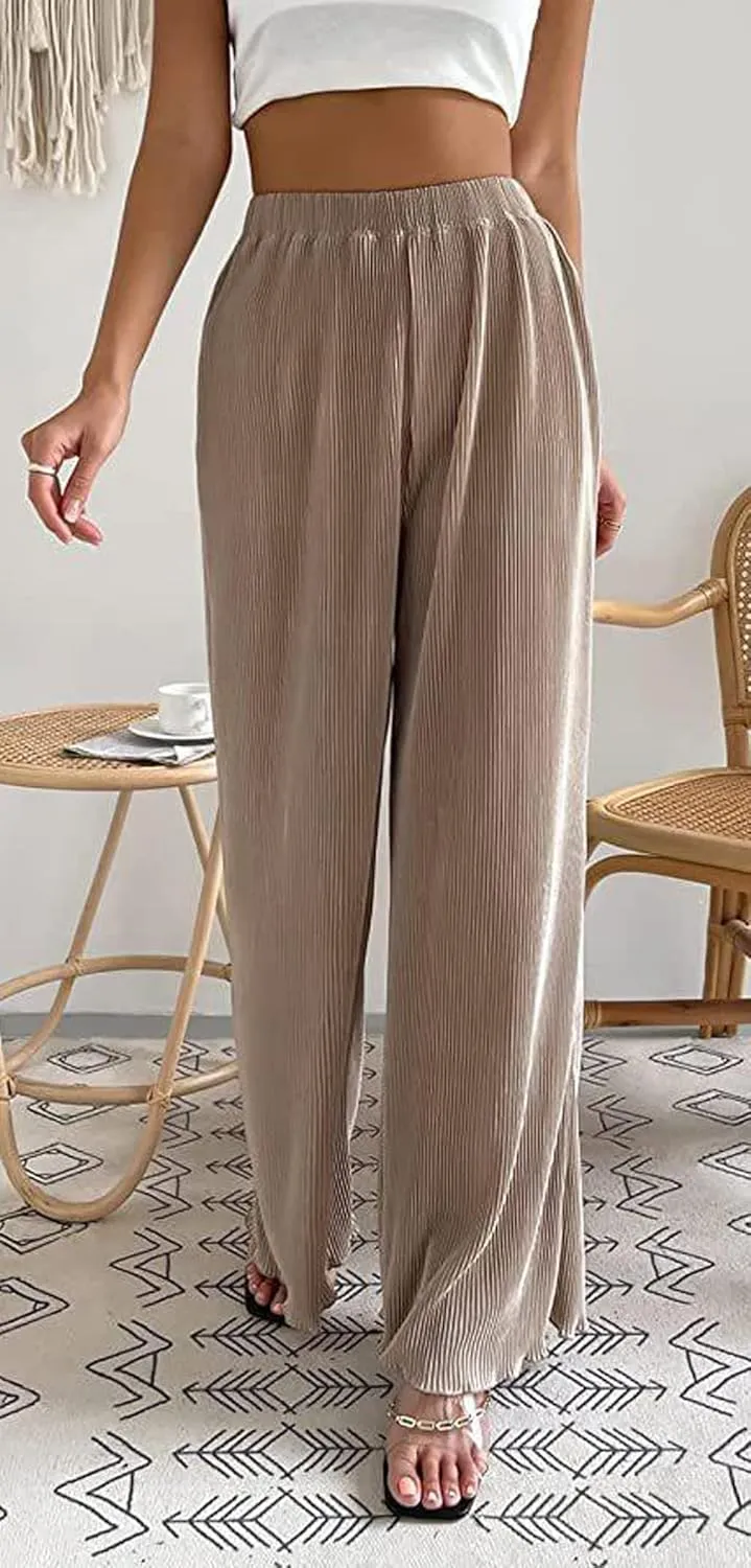 CHARTOU Women's Comfy High Waist Wide-Leg Ruched Plisse Pants Long Lounge Trousers