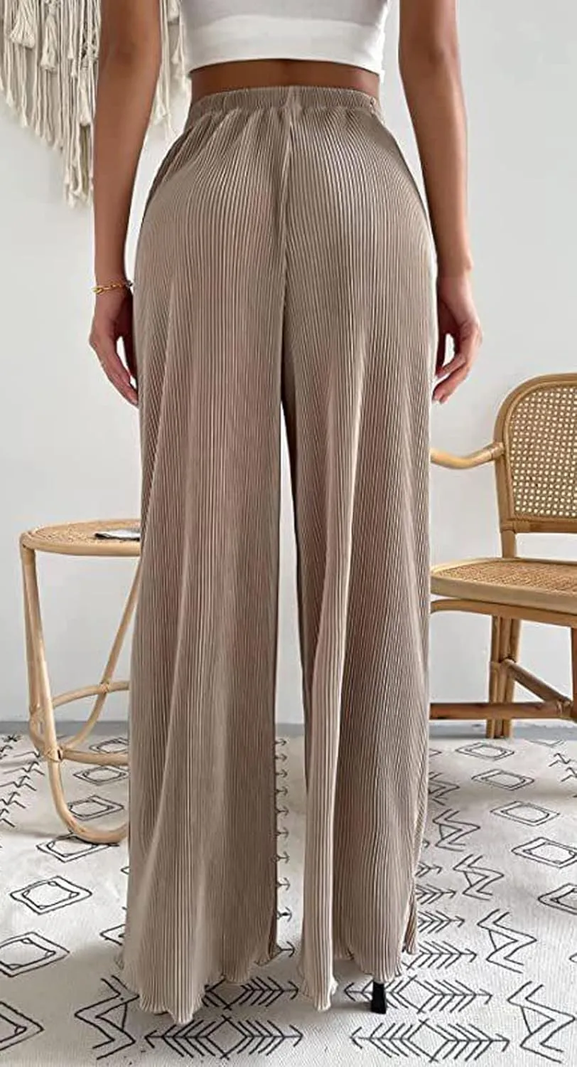 CHARTOU Women's Comfy High Waist Wide-Leg Ruched Plisse Pants Long Lounge Trousers