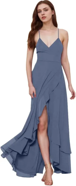 Chiffon Bridesmaid Dresses for Women Spaghetti Strap Prom Dresses V Neck Pleated Ruffle Evening Gown with Slit UU138