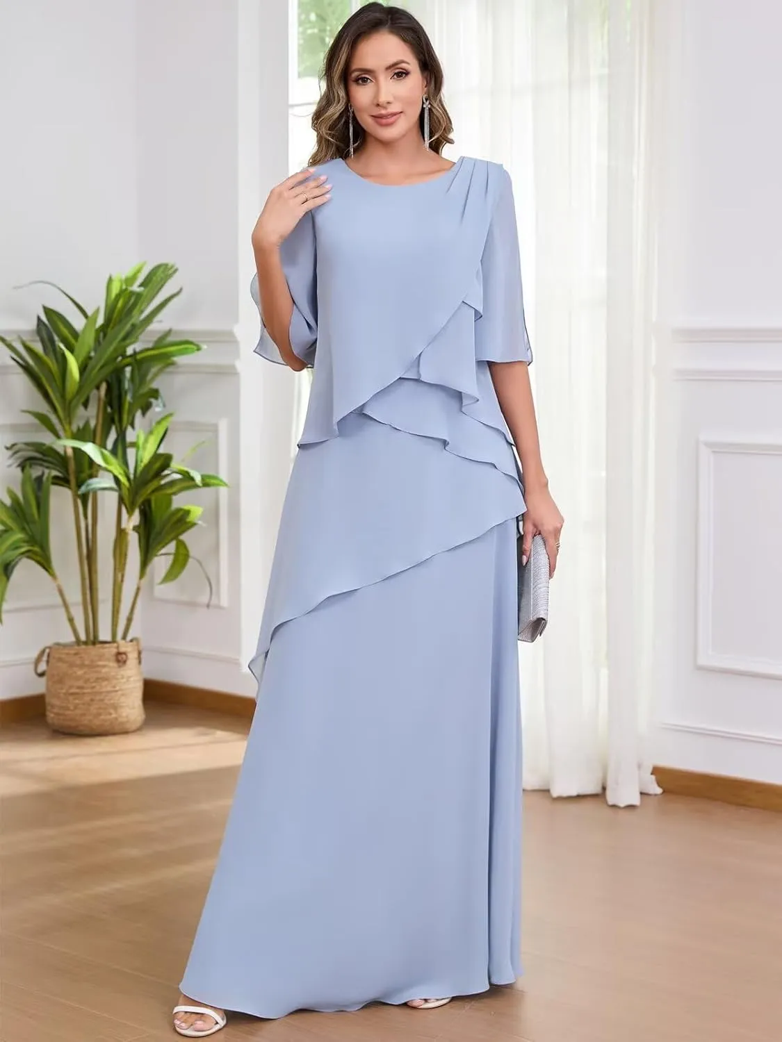 Chiffon Mother of The Bride Dresses for Women Half Sleeve Ruched Formal Dress Long A Line Evening Gowns