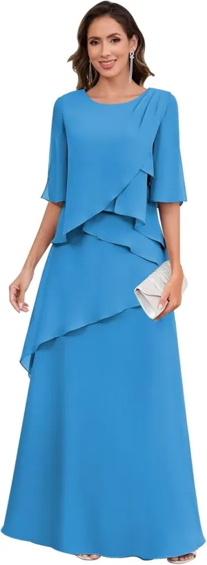 Chiffon Mother of The Bride Dresses for Women Half Sleeve Ruched Formal Dress Long A Line Evening Gowns
