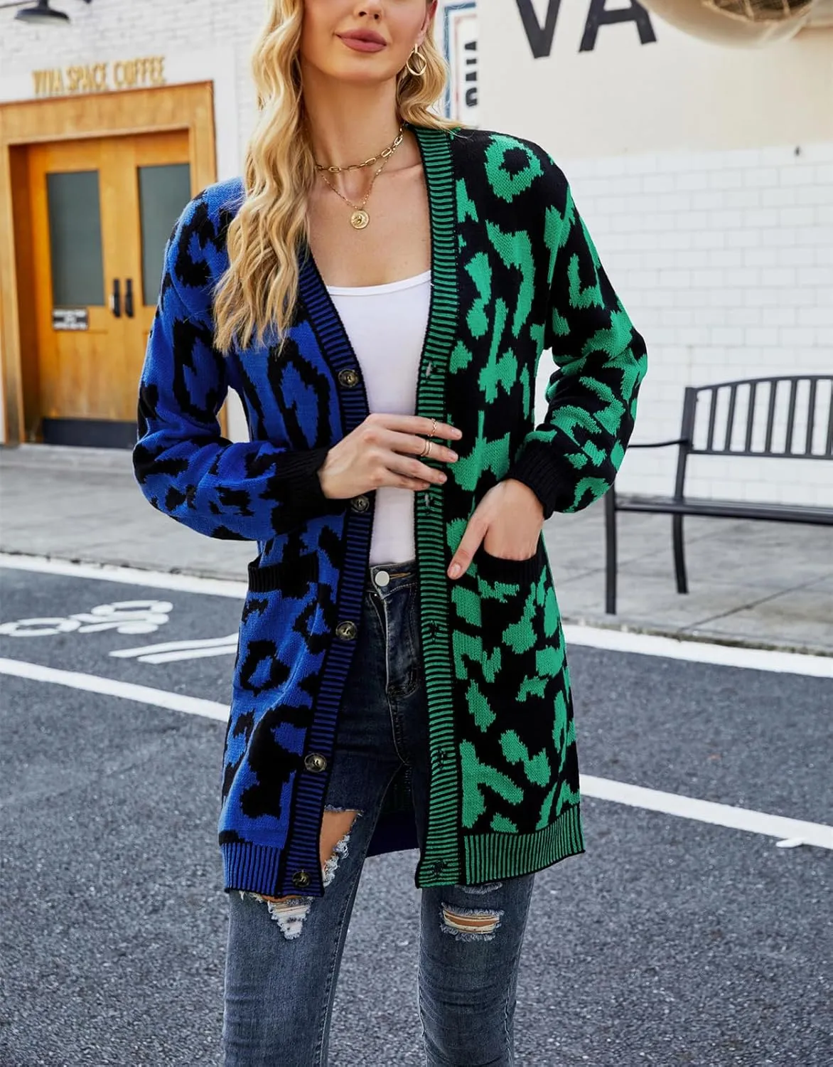 chouyatou Women's Color Block Leopard Print Button Down Long Knit Cardigan Sweaters with Pockets