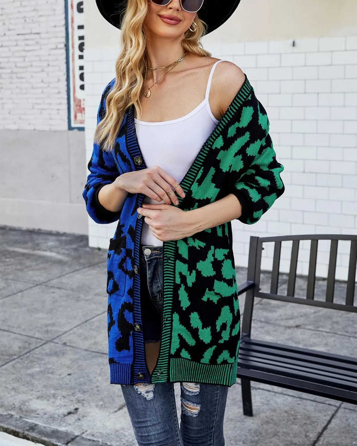 chouyatou Women's Color Block Leopard Print Button Down Long Knit Cardigan Sweaters with Pockets