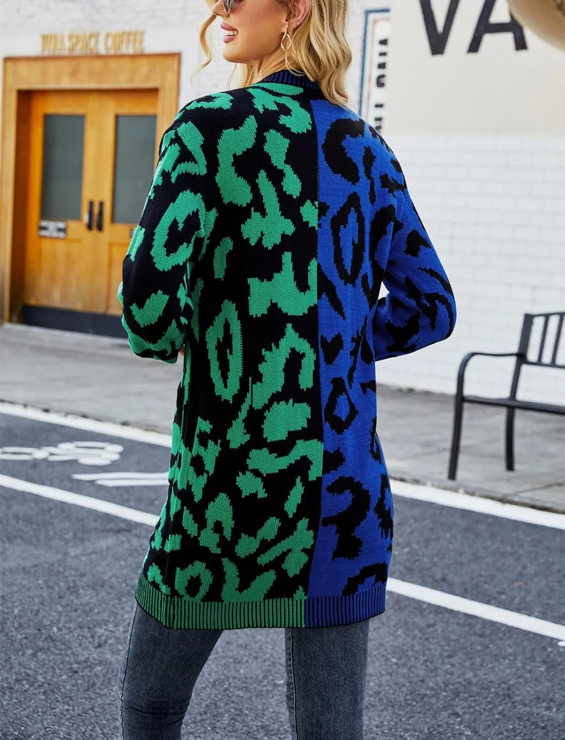 chouyatou Women's Color Block Leopard Print Button Down Long Knit Cardigan Sweaters with Pockets