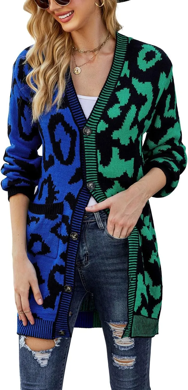 chouyatou Women's Color Block Leopard Print Button Down Long Knit Cardigan Sweaters with Pockets