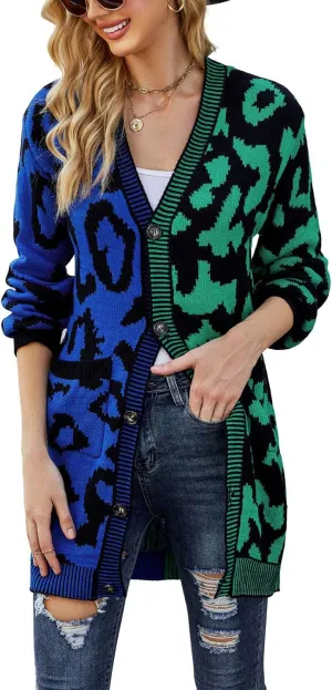 chouyatou Women's Color Block Leopard Print Button Down Long Knit Cardigan Sweaters with Pockets
