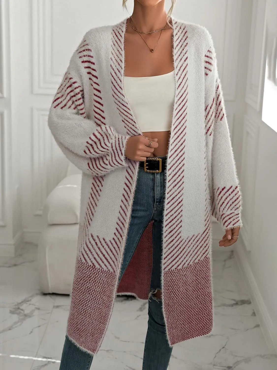 chouyatou Women's Color Block Striped Fuzzy Long Cardigan Sweaters Open Front Diagonal Stripe Knit Cardigan Jacket Coat