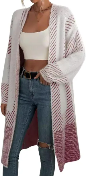 chouyatou Women's Color Block Striped Fuzzy Long Cardigan Sweaters Open Front Diagonal Stripe Knit Cardigan Jacket Coat