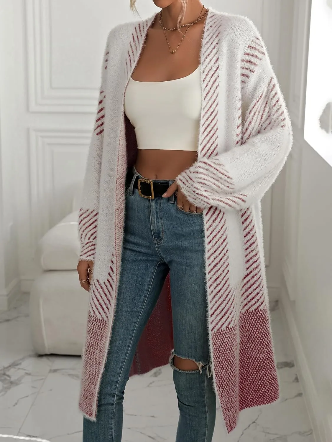 chouyatou Women's Color Block Striped Fuzzy Long Cardigan Sweaters Open Front Diagonal Stripe Knit Cardigan Jacket Coat