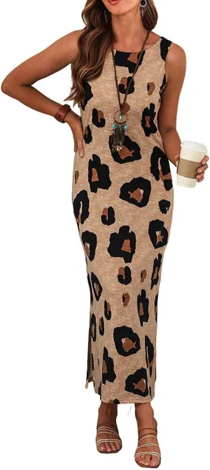 chouyatou Women's Summer Boho Sleeveless Long Beach Dress Side Slit Leopard Print Maxi Sundress