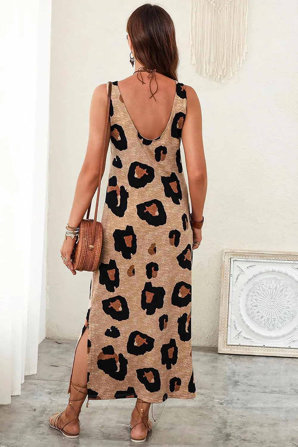 chouyatou Women's Summer Boho Sleeveless Long Beach Dress Side Slit Leopard Print Maxi Sundress