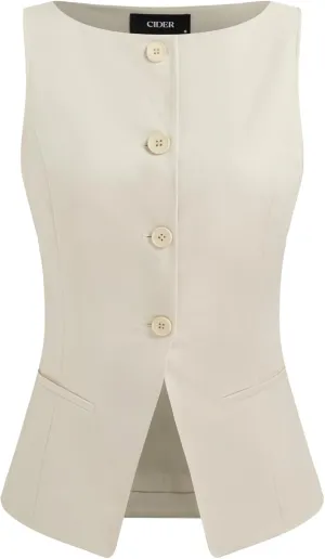 CIDER Woven Vest Top Sleeveless Boat Neck Button Vest Regular Fit Office Blouse Womens Shirts