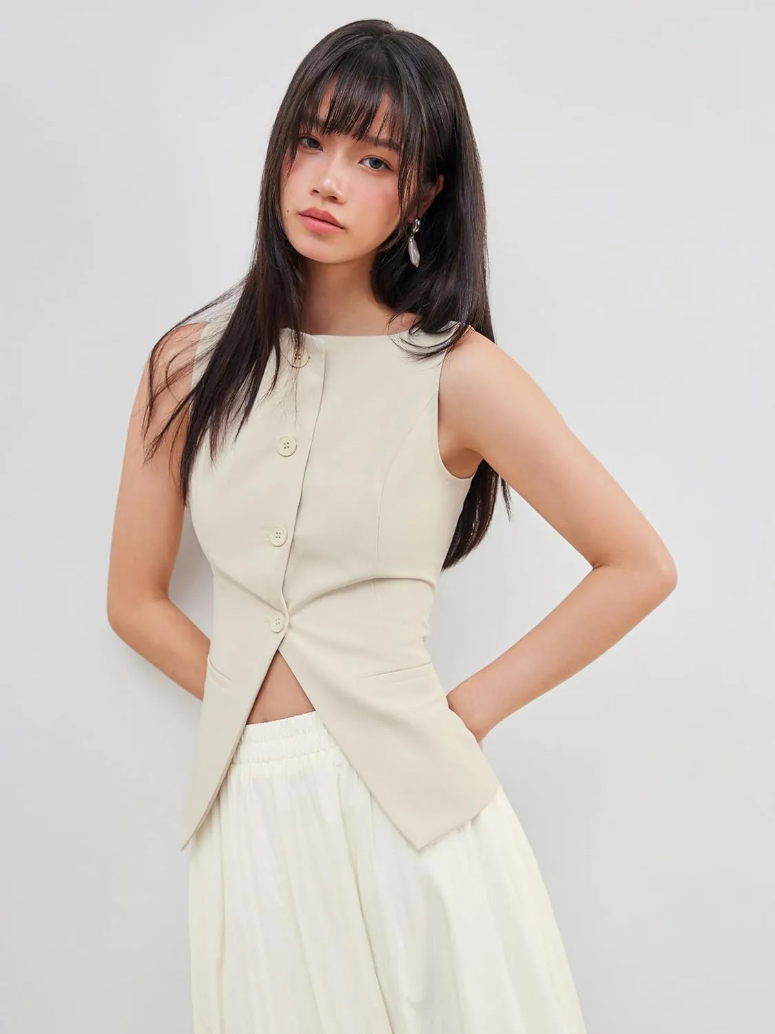 CIDER Woven Vest Top Sleeveless Boat Neck Button Vest Regular Fit Office Blouse Womens Shirts