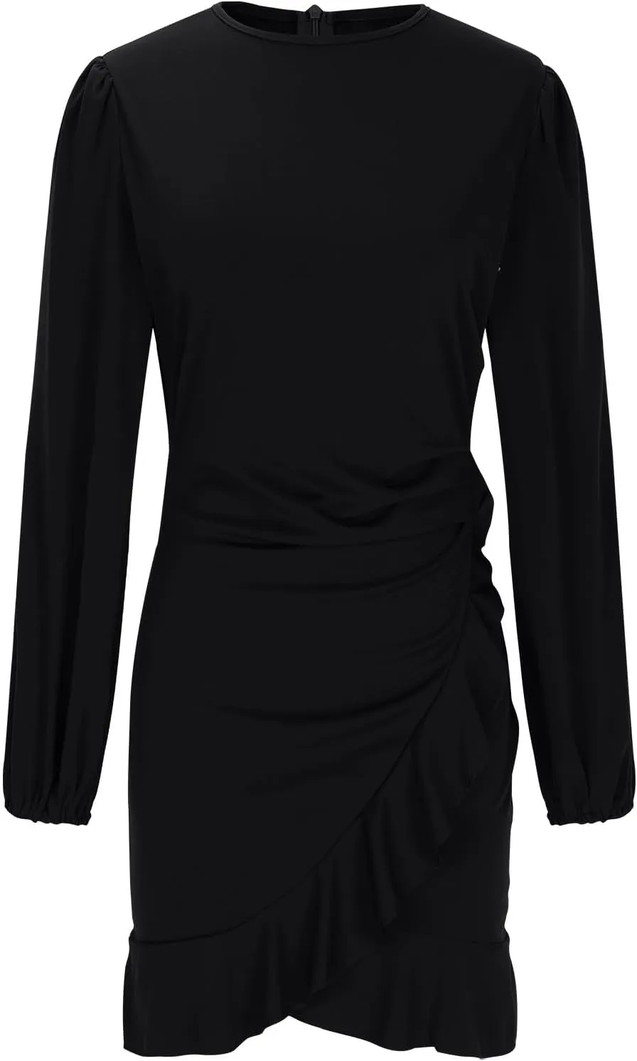 Cocktail Party Work Dress for Women Puff Long Sleeve Bodycon Dresses Ruffle Hem Crew Neck Solid Slim Mini Pencil Dress