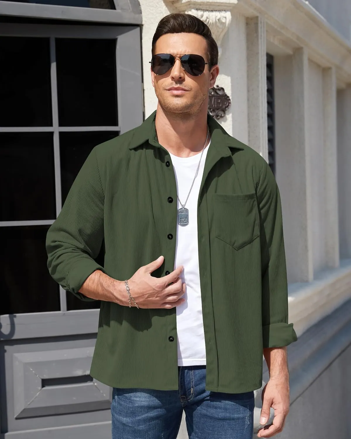 Corduroy Shirts for Men,Long Sleeve Button Down Casual Ribbed Shacket Slim Fit Lightweight Jacket