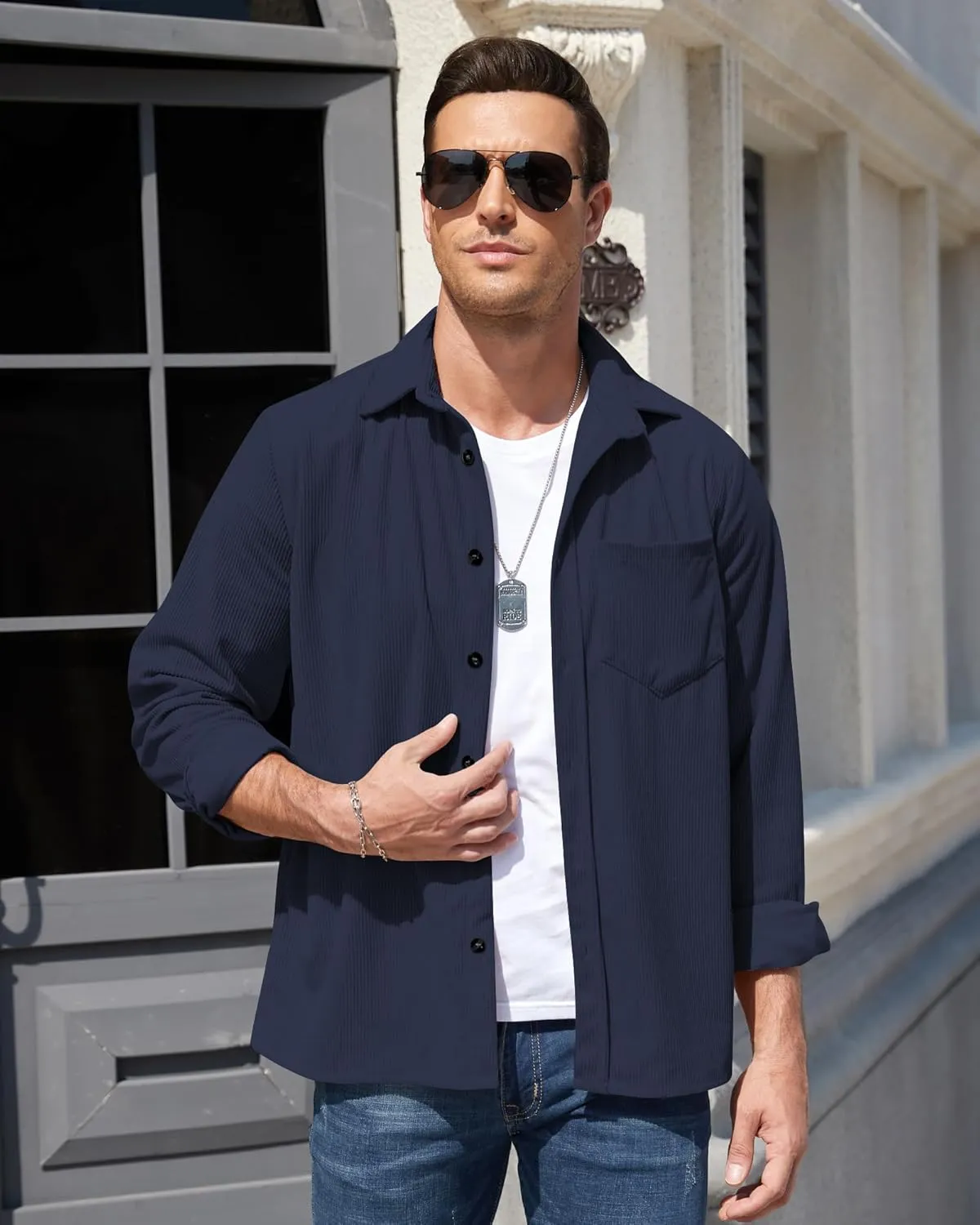 Corduroy Shirts for Men,Long Sleeve Button Down Casual Ribbed Shacket Slim Fit Lightweight Jacket