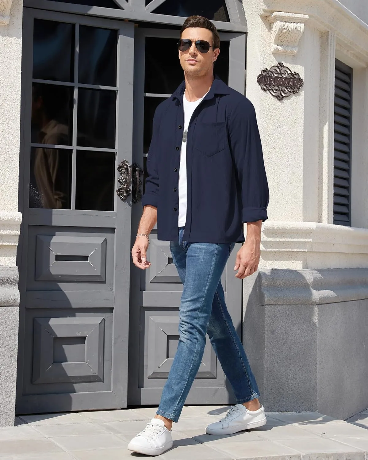 Corduroy Shirts for Men,Long Sleeve Button Down Casual Ribbed Shacket Slim Fit Lightweight Jacket