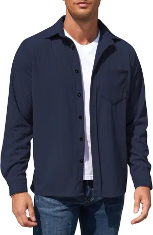 Corduroy Shirts for Men,Long Sleeve Button Down Casual Ribbed Shacket Slim Fit Lightweight Jacket