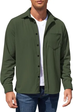 Corduroy Shirts for Men,Long Sleeve Button Down Casual Ribbed Shacket Slim Fit Lightweight Jacket