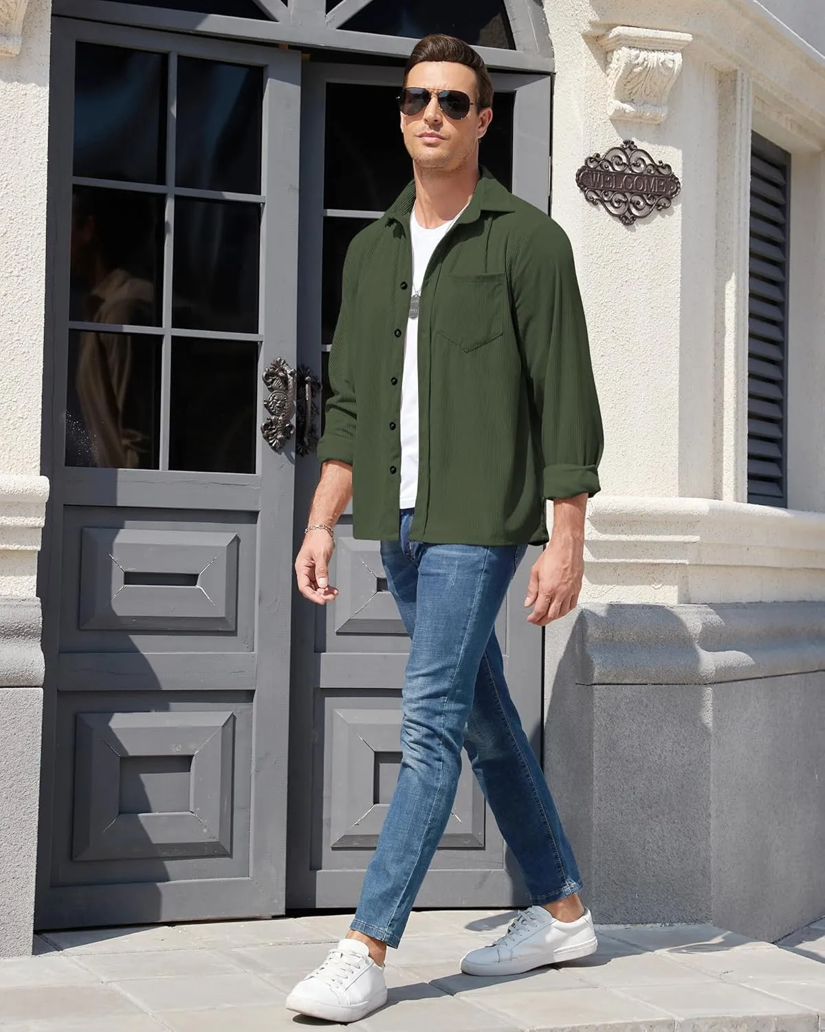 Corduroy Shirts for Men,Long Sleeve Button Down Casual Ribbed Shacket Slim Fit Lightweight Jacket