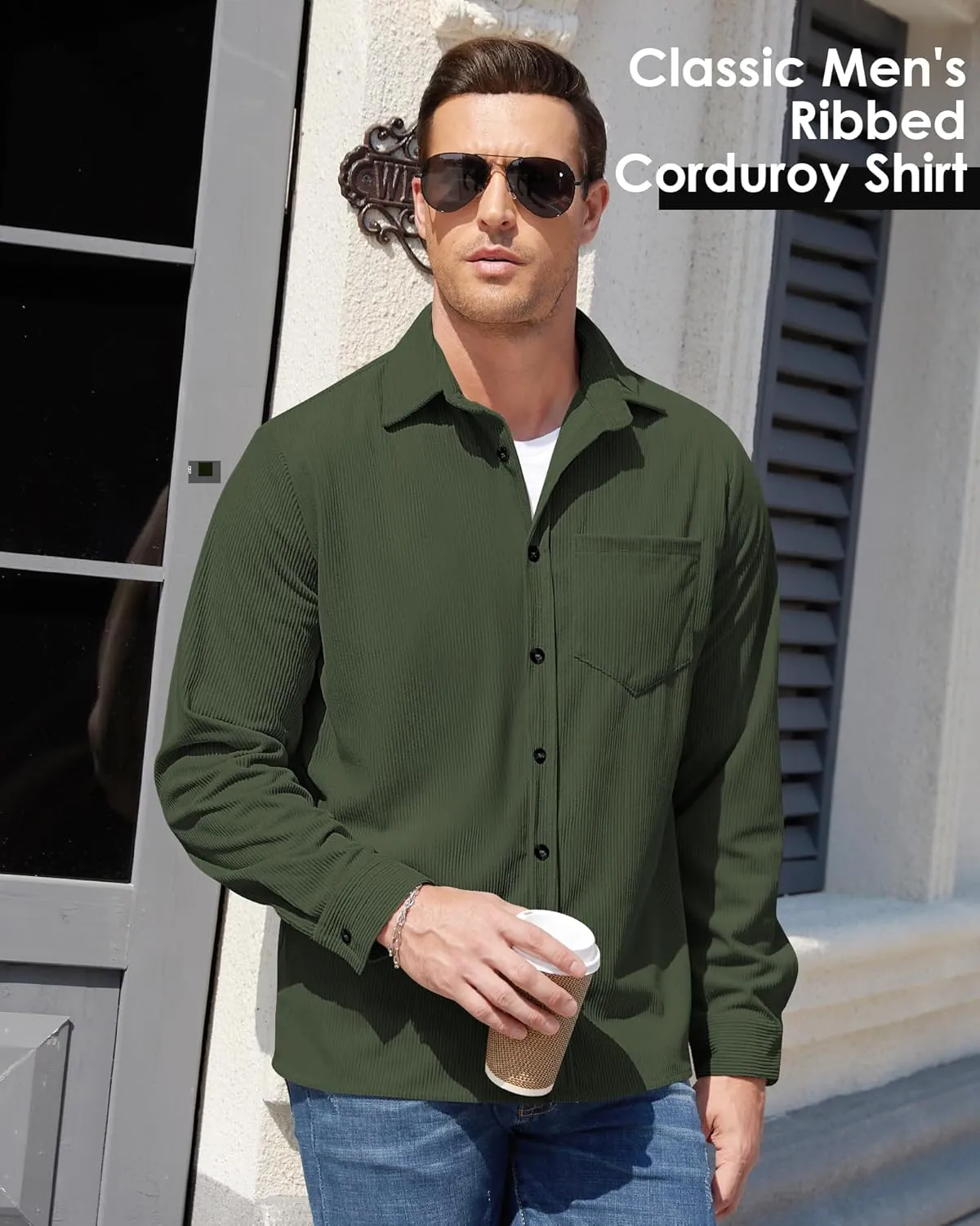 Corduroy Shirts for Men,Long Sleeve Button Down Casual Ribbed Shacket Slim Fit Lightweight Jacket