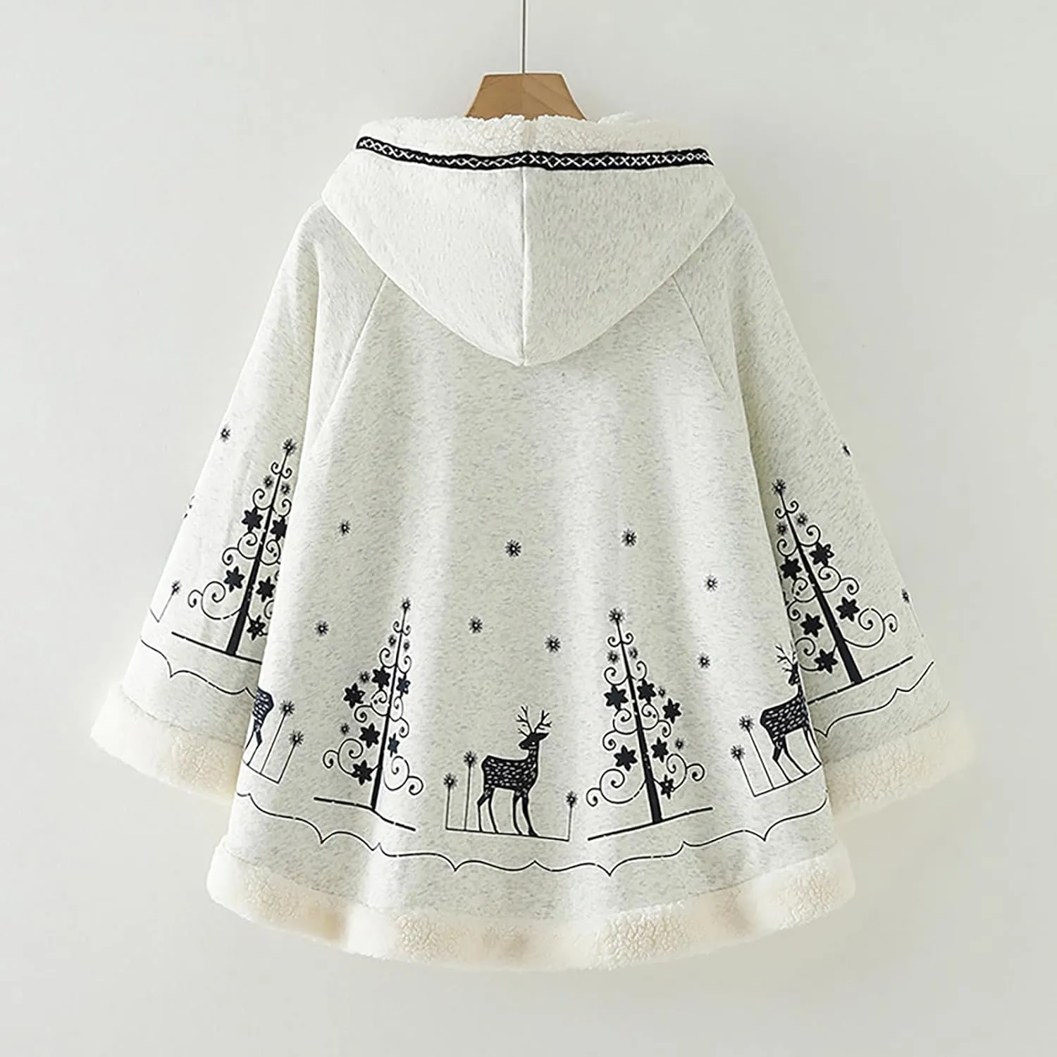 CORIRESHA Womens Winter Cute Fleece Lined Hooded Cape Poncho Cloak Coat Christmas Tree Elk Printed