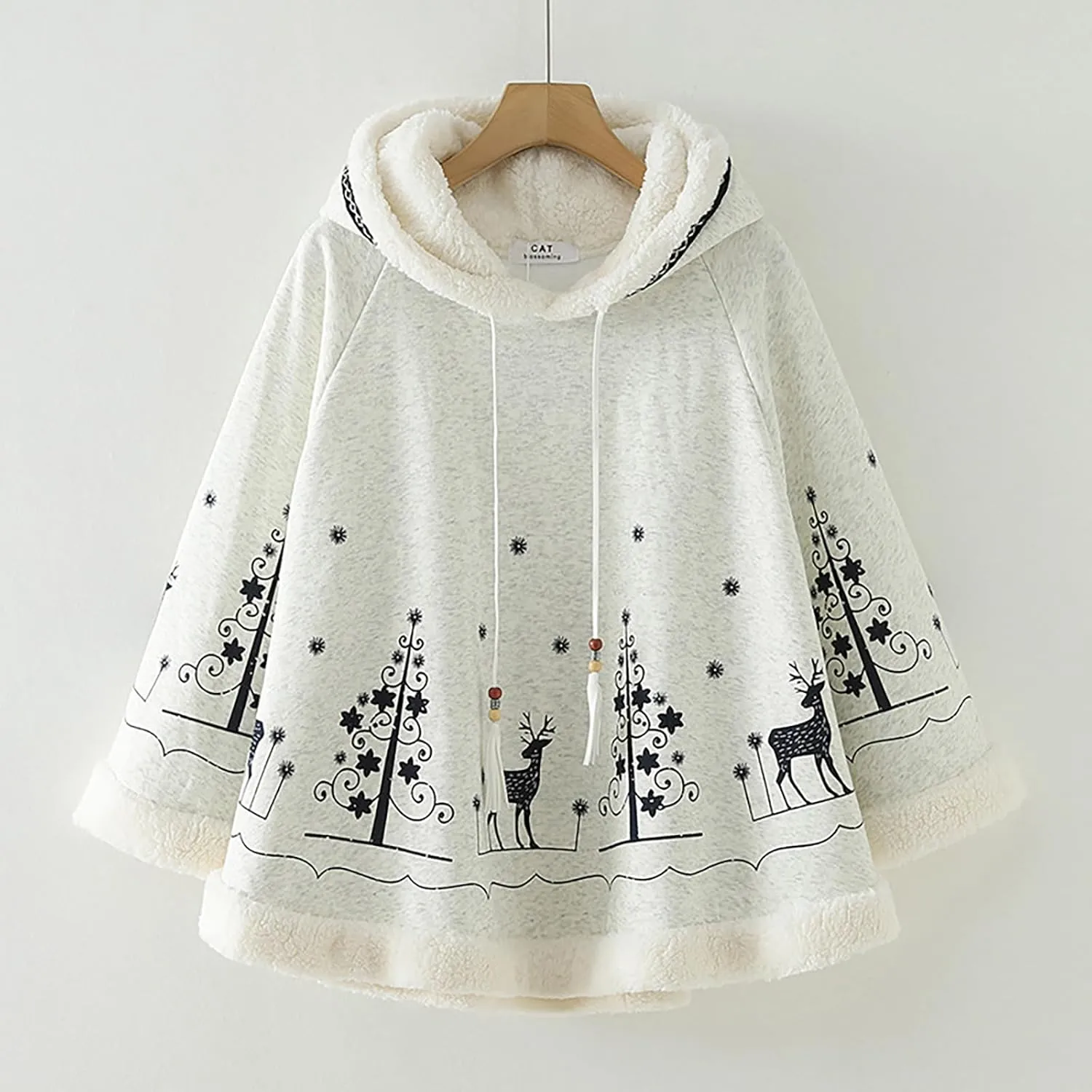 CORIRESHA Womens Winter Cute Fleece Lined Hooded Cape Poncho Cloak Coat Christmas Tree Elk Printed