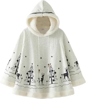 CORIRESHA Womens Winter Cute Fleece Lined Hooded Cape Poncho Cloak Coat Christmas Tree Elk Printed
